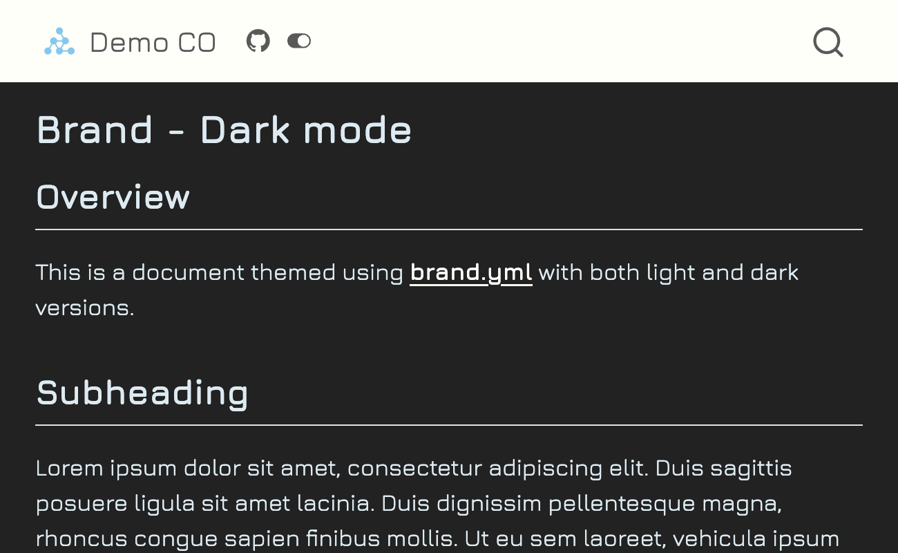 Screenshot of a webpage with a dark charcoal body and light blue text. A switch toggle in the navbar is 'on'.
