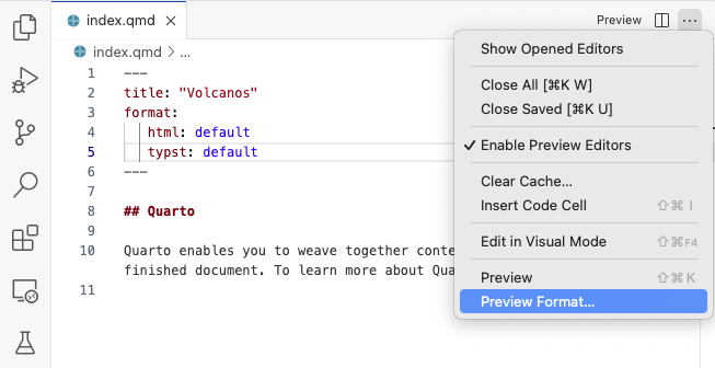 The top of the VS editor. The editor title menu is expanded and the Preview Format command is available on the menu.